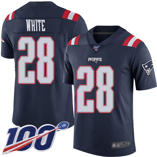 New England Patriots Football #28 100th Season Rush Limited Navy Blue Men James White NFL Jersey